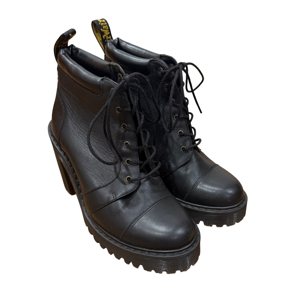 Dr. Martens Averil‎ Black Leather Lace Up Chunky Heel Platform Boots Womens 7